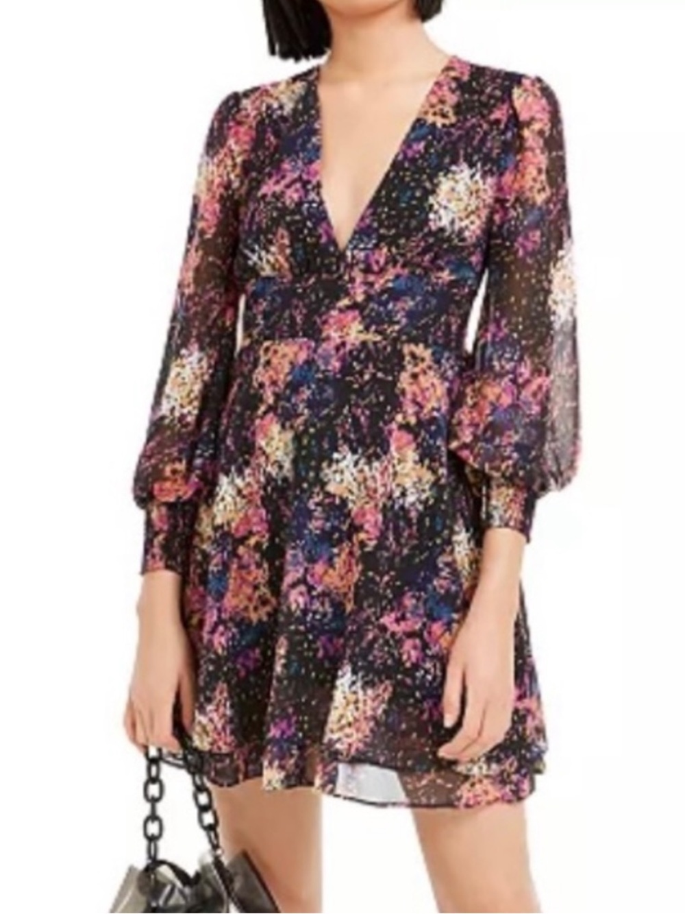 Bar III Confetti Glam Printed Blouson Long Sleeve Fit and Flare Dress Size Med